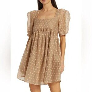 En Saison M Desiree Organza Mini Dress Tan Polka Dot  Square Neck Puff Sleeve